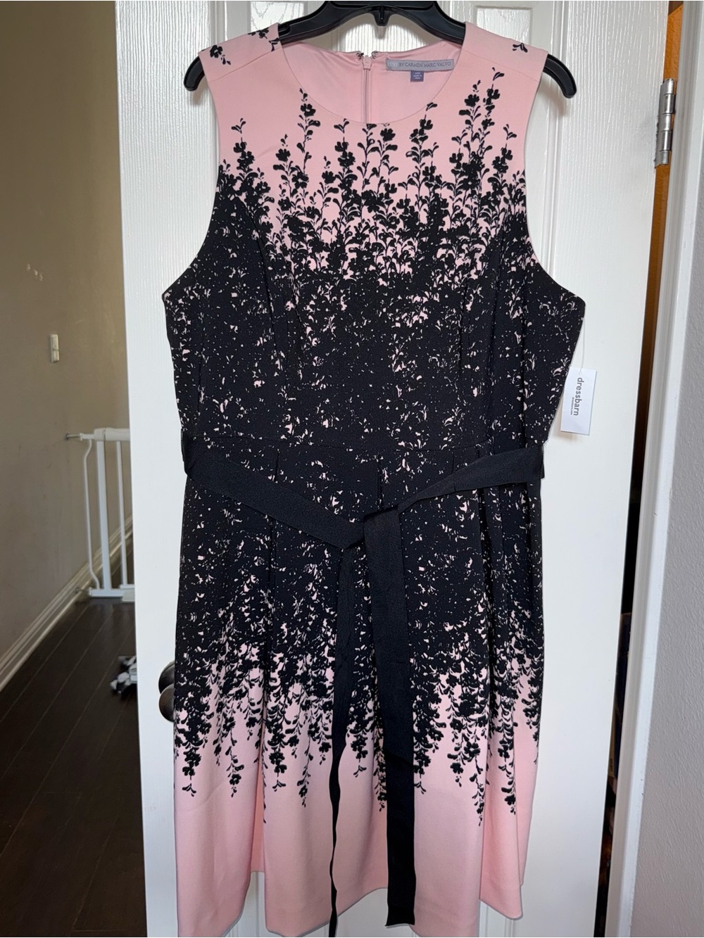 Carmen Marc Valvo Pink and Black Floral Ombre Fit-and-Flare Dress 14W